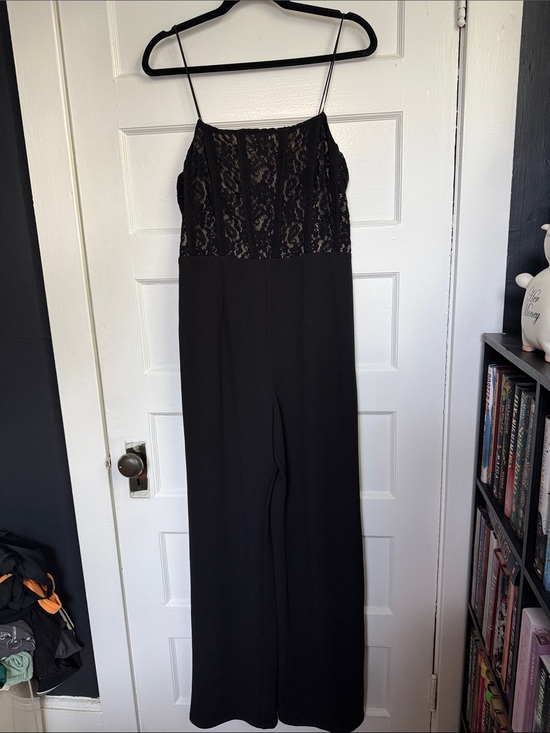 Lulus Pants - Lulu's Black Lace Bodice jumpsuit with Nude Lining